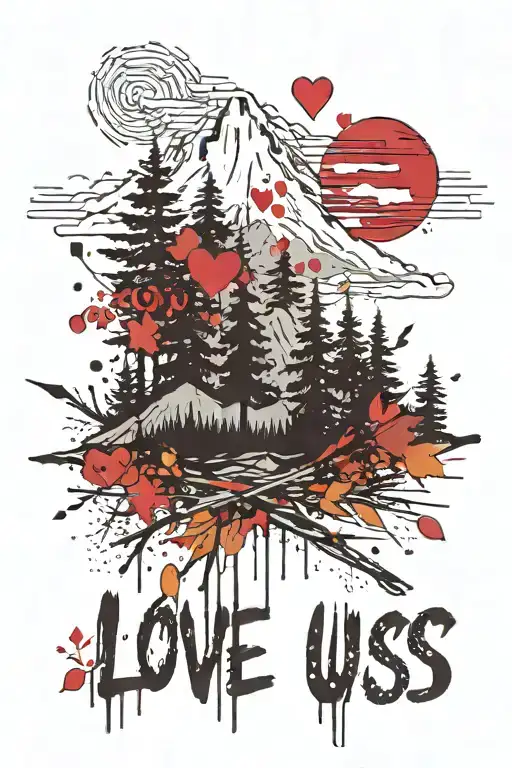 The words "I love us" with a mountain in background.  Foreground is pines and aspens in the fall.  Include some colors. tattoo design idea