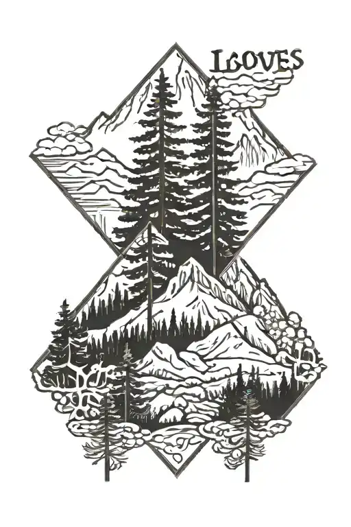 The words "I love us" with a mountain in background.  Foreground is pines and aspens in the fall.  Include some colors. tattoo design idea