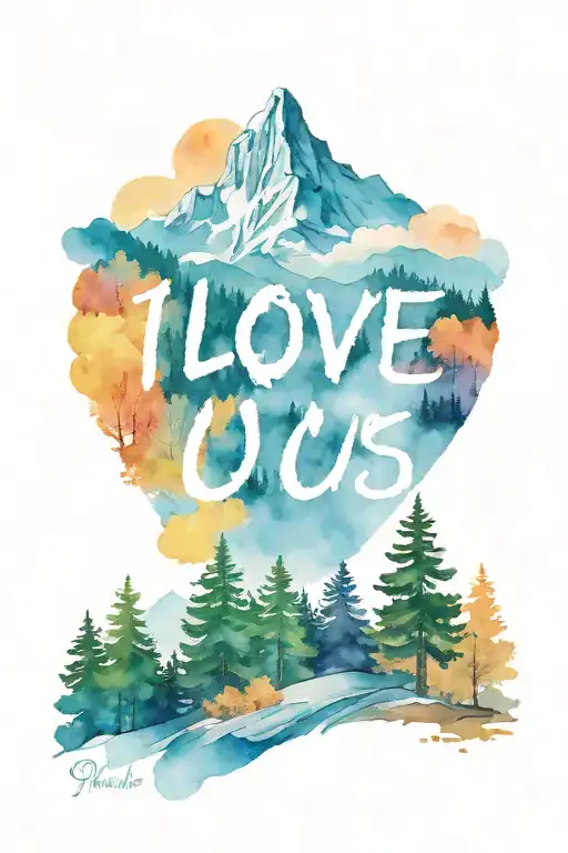 The words "I love us" with a mountain in background.  Foreground is pines and aspens in the fall.  Include some colors. tattoo design idea
