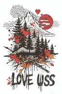The words "I love us" with a mountain in background.  Foreground is pines and aspens in the fall.  Include some colors. tattoo design idea