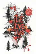 The words "I love us" with a mountain in background.  Foreground is pines and aspens in the fall.  Include some colors. tattoo design idea