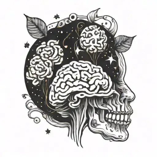 A psychedelic blackwork tattoo of a brain with galaxies inside tattoo design idea