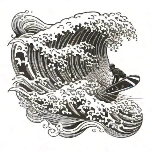 A wave crashing onto a beach with a snowboarder catching a wave in the background tattoo design idea