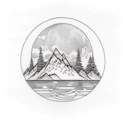 A breathtaking landscape of a mountain range surrounding a tranquil lake, with a bear silhouette in the foreground under a crescent moon tattoo design idea