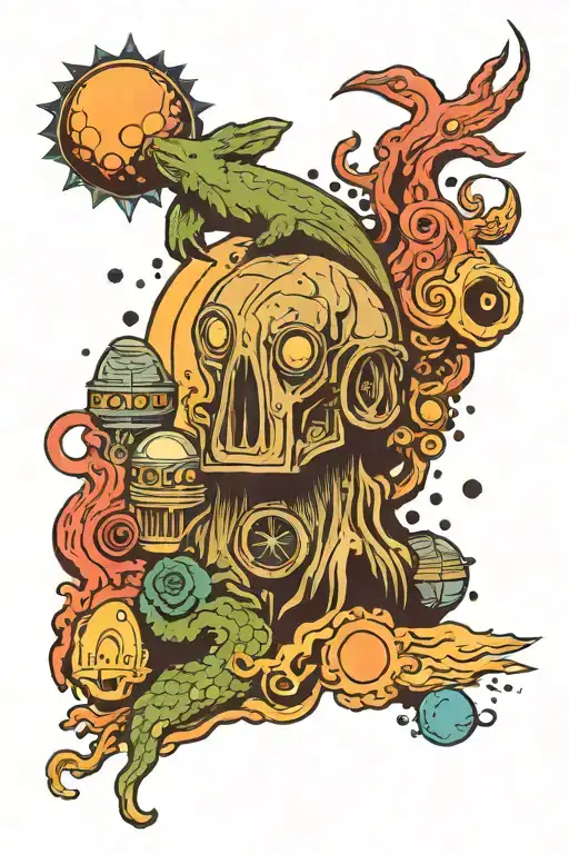 science fiction Lovecraft mystery trash space elements tattoo design idea