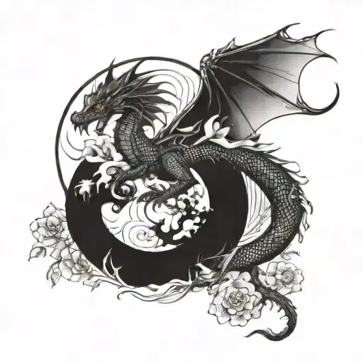 dragon with yinyang that surround a stem of sakura flower  tattoo design idea
