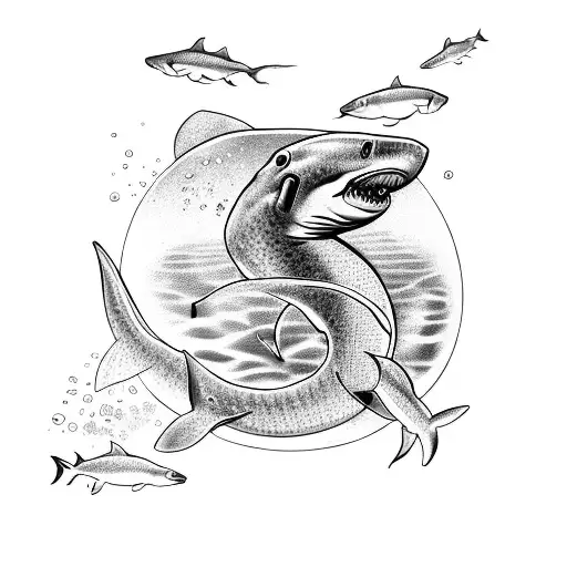 Black ink, right arm, tattoo design of scuba diver with a shark and seahorse, high-resolution, artistic tattoo design idea