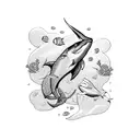 scuba diver and shark and seahorse,  tattoo design idea