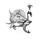 scuba diver and shark and seahorse,  tattoo design idea