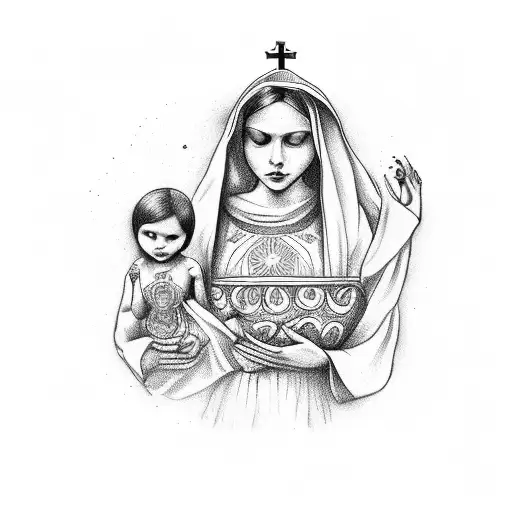 holy mother Mary holding crepes tattoo design idea