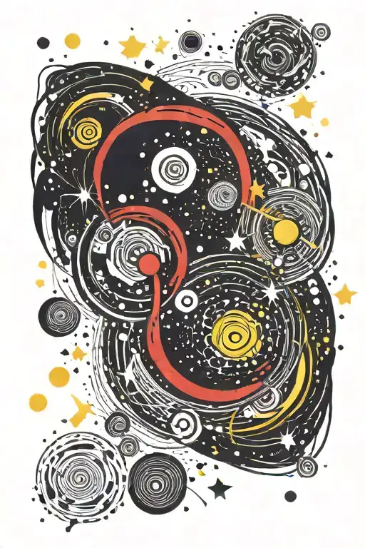planet, quasar, stars forming, black, yellow, red tattoo design idea