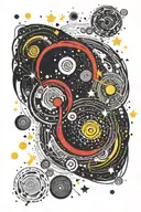 planet, quasar, stars forming, black, yellow, red tattoo design idea