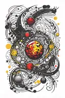 planet, quasar, stars forming, black, yellow, red tattoo design idea