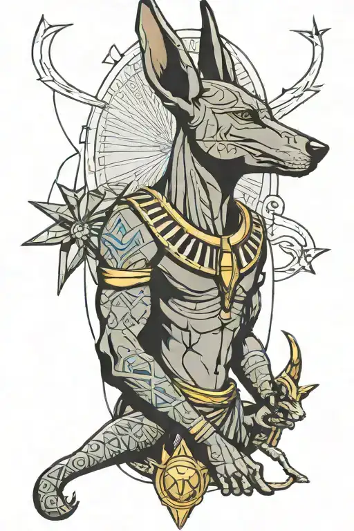 Anubis Egyptian mythology sleeve with pyramids  tattoo design idea