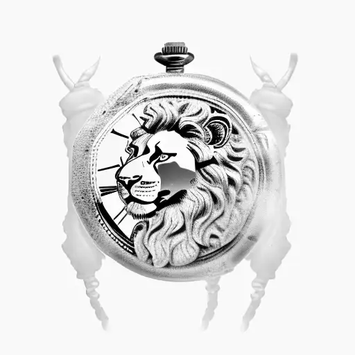 Ancient Roman lion with a pocket watch tattoo design idea