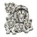a lion and lioness with their 6 lion cubs tattoo design idea