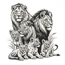 a lion and lioness with their 6 lion cubs tattoo design idea