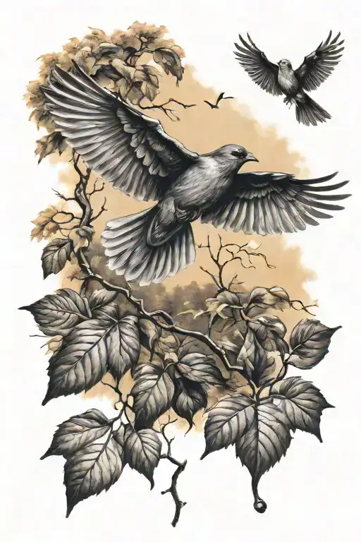 autumn scene with bird flying tattoo design idea
