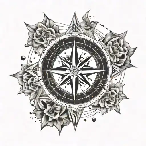 A detailed compass rose with Aries constellation stars, representing the client's love for exploration and connection to their zodiac sign, with a touch of spirituality tattoo design idea