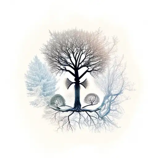 An imaginative tattoo of a tree made up of various agricultural tools tattoo design idea