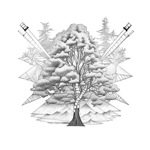 An imaginative tattoo of a tree made up of various agricultural tools tattoo design idea