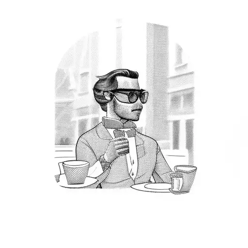 A blackwork tattoo of Raymond Redington sitting in a Parisian café, sipping a cup of coffee tattoo design idea