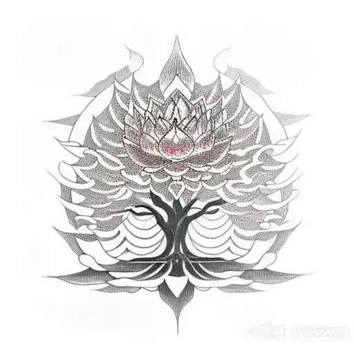 Buddhist tree of life and lotus flower tattoo design idea