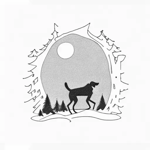 A silhouette of a hiker and their loyal dog on a misty forest trail tattoo design idea