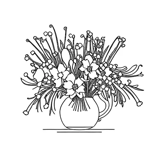 A minimalist tattoo of a bouquet featuring all the birth flowers: carnation, daffodil, Lily of the valley, marigold, and jonquil tattoo design idea
