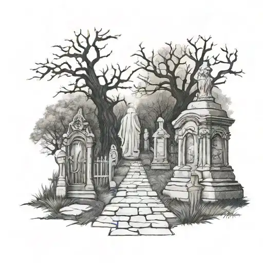 GHOST WALKING IN A GRAVEYARD tattoo design idea