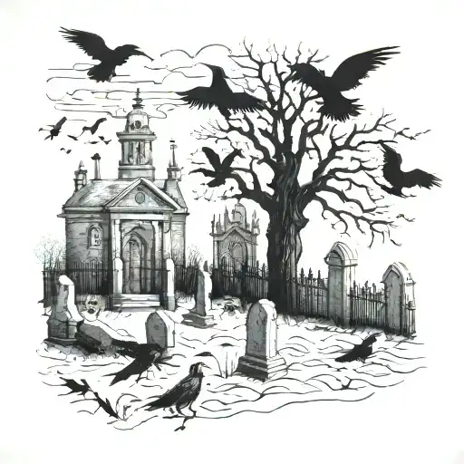 london graveyard filled with crows tattoo design idea