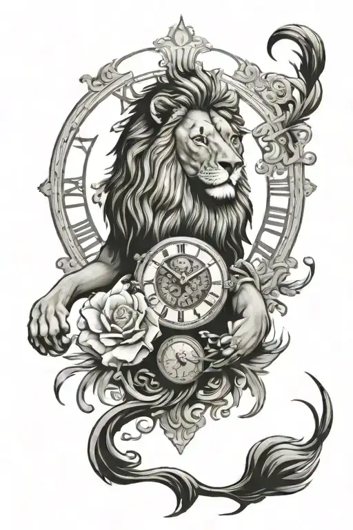 lion clock tattoo design idea