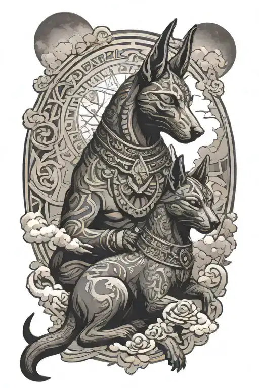 Anubis and Bastet with amazigh design surrounding the gods with akatsuki clouds flowing around the scene tattoo design idea
