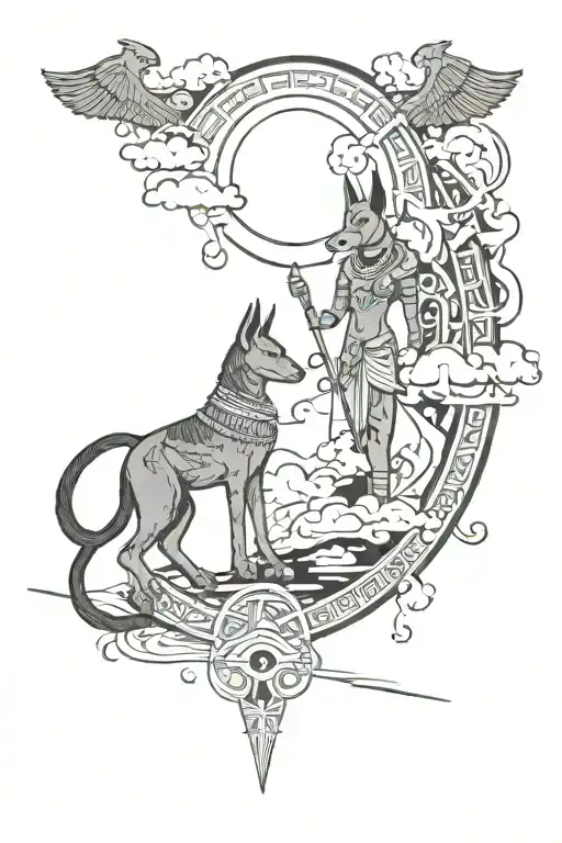 Anubis and Bastet with amazigh design surrounding the gods with akatsuki clouds flowing around the scene tattoo design idea