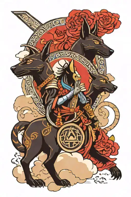 Anubis and Bastet with amazigh design surrounding the gods with akatsuki clouds flowing around the scene tattoo design idea