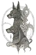 Anubis and Bastet with amazigh design surrounding the gods with akatsuki clouds flowing around the scene tattoo design idea