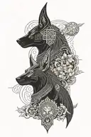 Anubis and Bastet with amazigh design surrounding the gods with akatsuki clouds flowing around the scene tattoo design idea