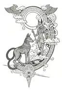 Anubis and Bastet with amazigh design surrounding the gods with akatsuki clouds flowing around the scene tattoo design idea