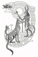 Anubis and Bastet with amazigh design surrounding the gods with akatsuki clouds flowing around the scene tattoo design idea