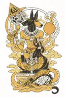 Anubis and Bastet with amazigh design surrounding the gods with akatsuki clouds flowing around the scene tattoo design idea