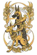 Anubis and Bastet with amazigh design surrounding the gods with akatsuki clouds flowing around the scene tattoo design idea