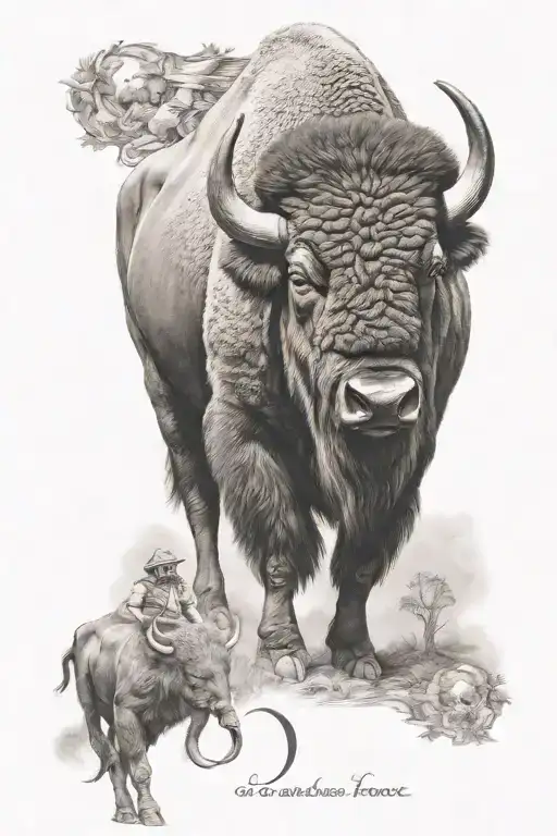 Bison wearing a tank top dollar sign with text 'Delta Force M1'  tattoo design idea