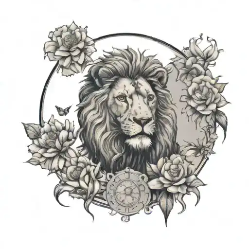 vitruvian man changed with a lion suroounded by a circle made with almond flowers tattoo design idea