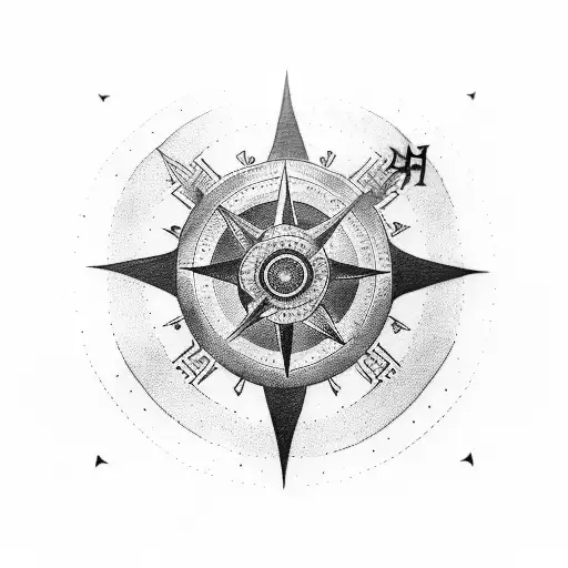half sleeve, Norse style, dark trees at bottom, Norse compass at top. Thor and lightning in middle tattoo design idea