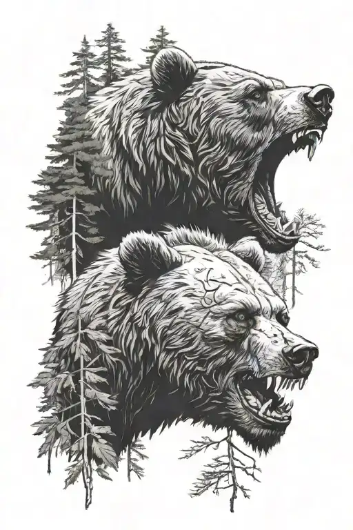 Bear head with skull in mouth with trees in background  tattoo design idea