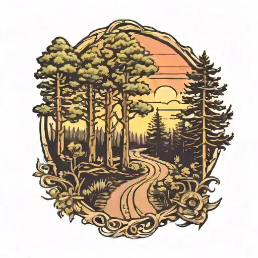 dirt trail through forest of oaks and pines with sunset in background tattoo design idea