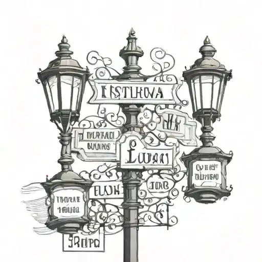 old style street light with three street signs named 1st Ludvig, 2nd Linnea, 3rd Lukas tattoo design idea