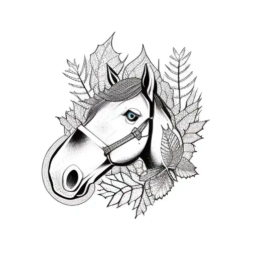 neo traditional all black horse head with blackberry bush framing with autumn leaves tattoo design idea