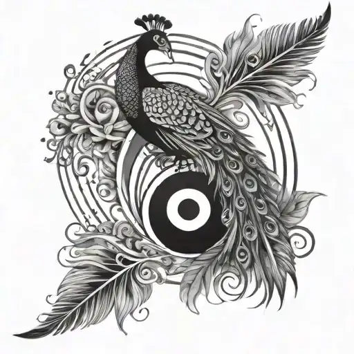 yin yang with flute and peacock feather tattoo design idea