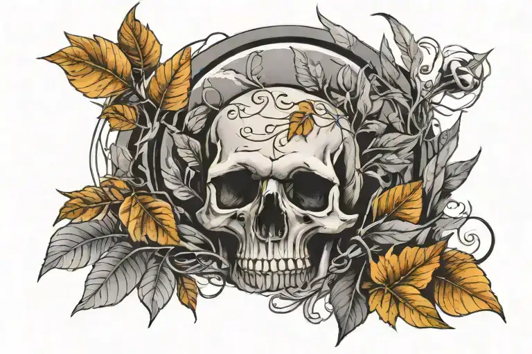 landscape, leaves, skull black grey tattoo tattoo design idea